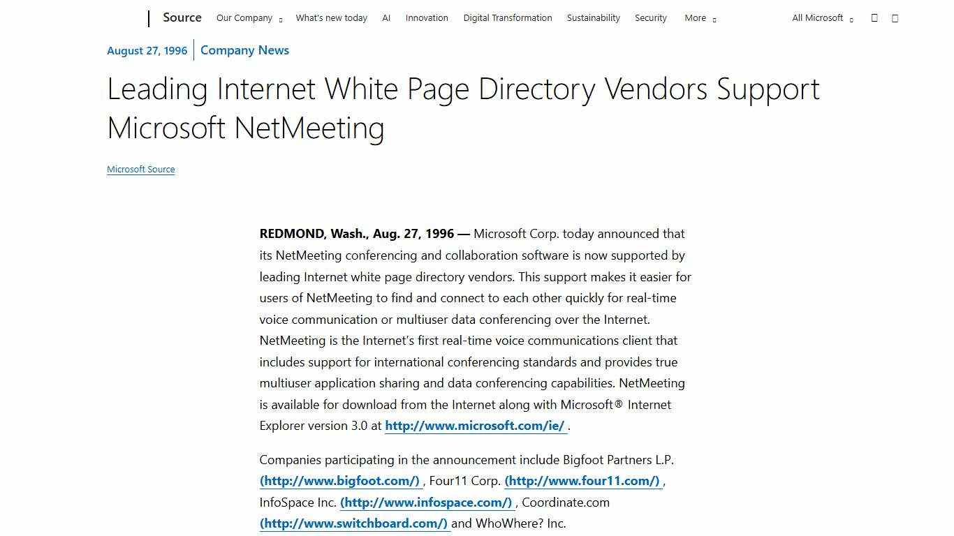 Leading Internet White Page Directory Vendors Support Microsoft NetMeeting - Source